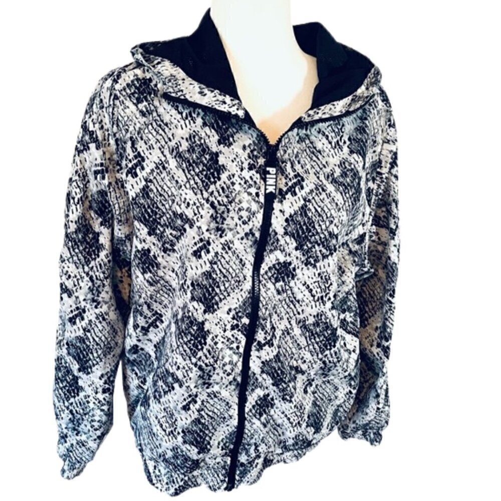 Victoria's Secret Pink Black/White Full Zip Hoodie Windbreaker Jacket Women's XS